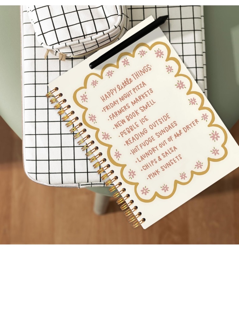 Spiral Notebook with Gold Scallop Design & Pink Text
